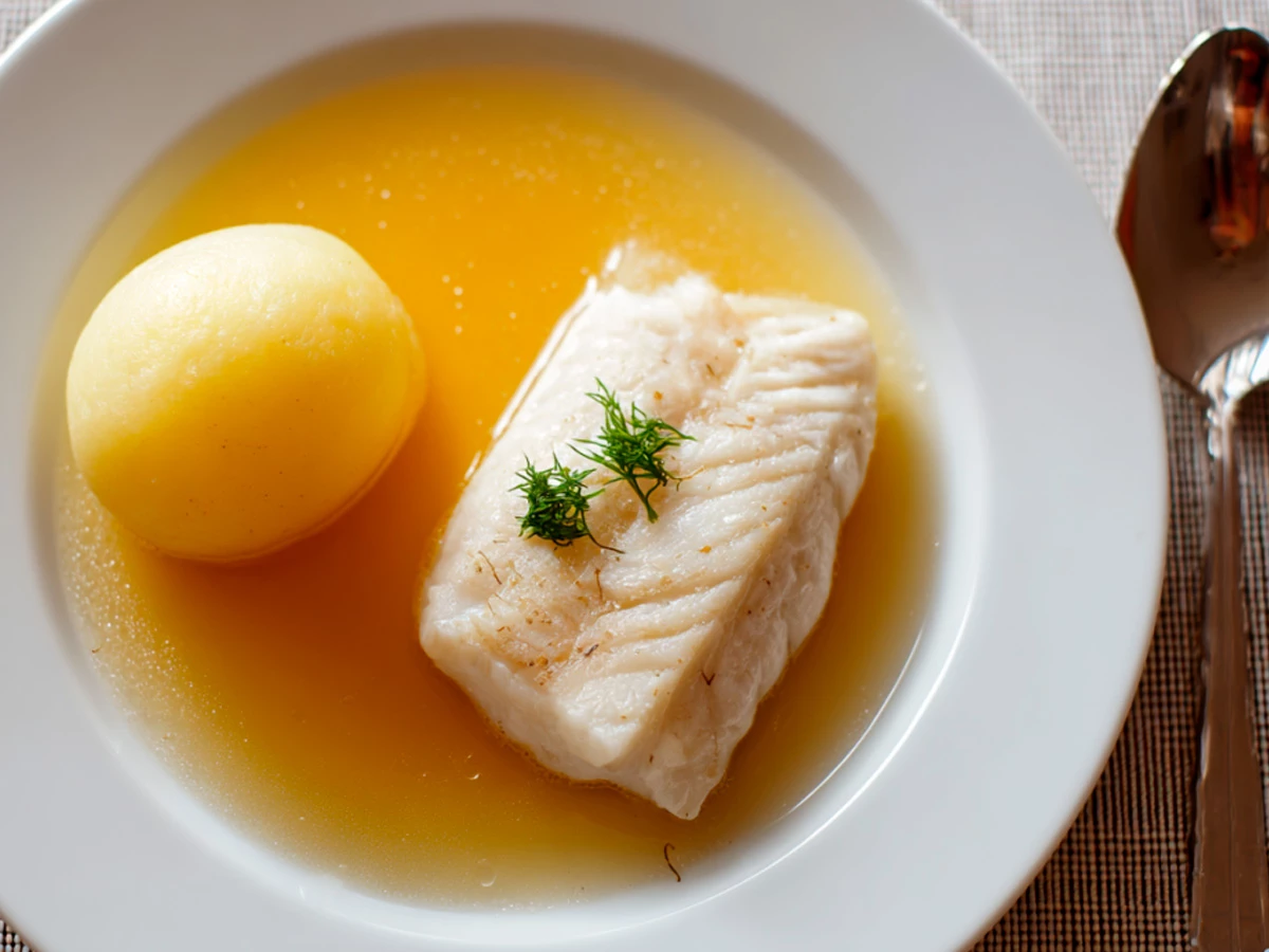 Cena ligera para aumentar masa muscular con pescado blanco al vapor y patata cocida en caldo natural.