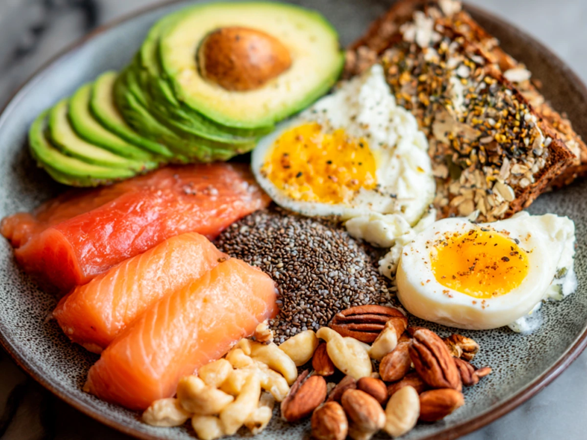 Desayuno proteico para ganar masa muscular compuesto por salmón, huevos, aguacate, frutos secos y pan de semillas.