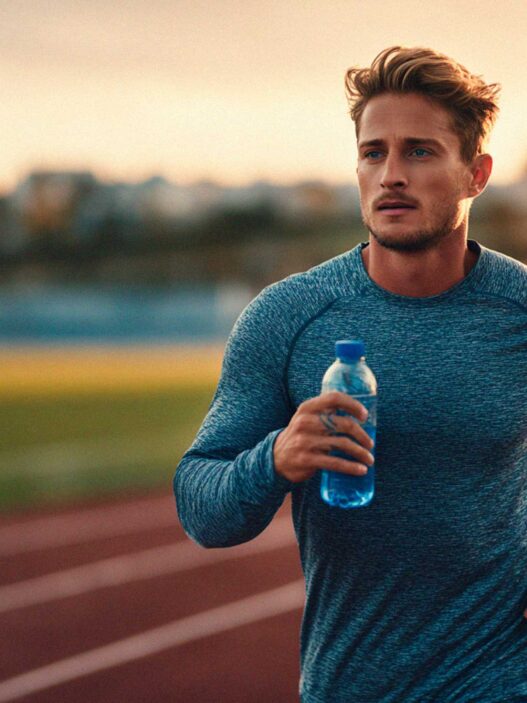 hombre joven corriendo en una pista de atletismo al amanecer con una bebida en la mano