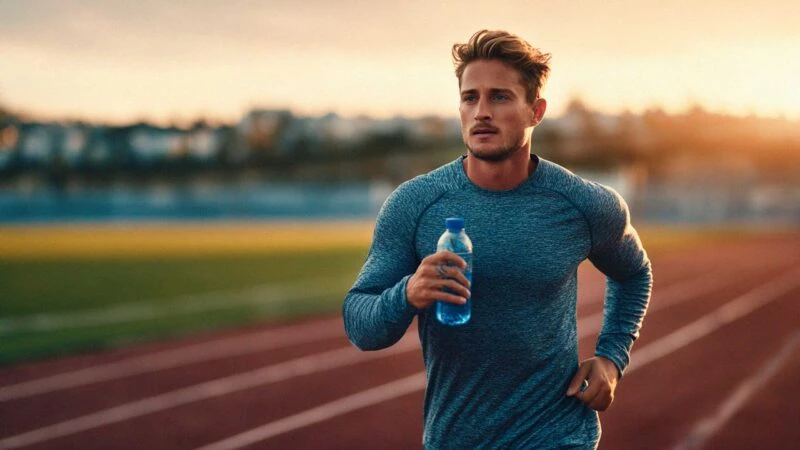 hombre joven corriendo en una pista de atletismo al amanecer con una bebida en la mano