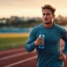 hombre joven corriendo en una pista de atletismo al amanecer con una bebida en la mano