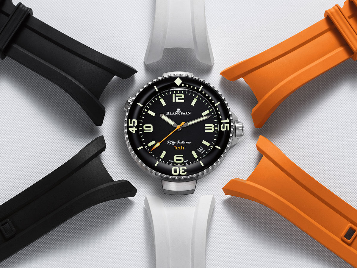 BlancPain Fifty Fathoms Tech con correas de caucho intercambiables en blanco, negro y naranja