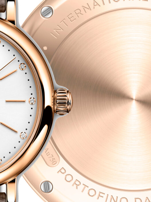 Detalle del reloj IWC Portofino Automatic Day And Night 34 con complicación solar y caja de oro rosa de 34 mm