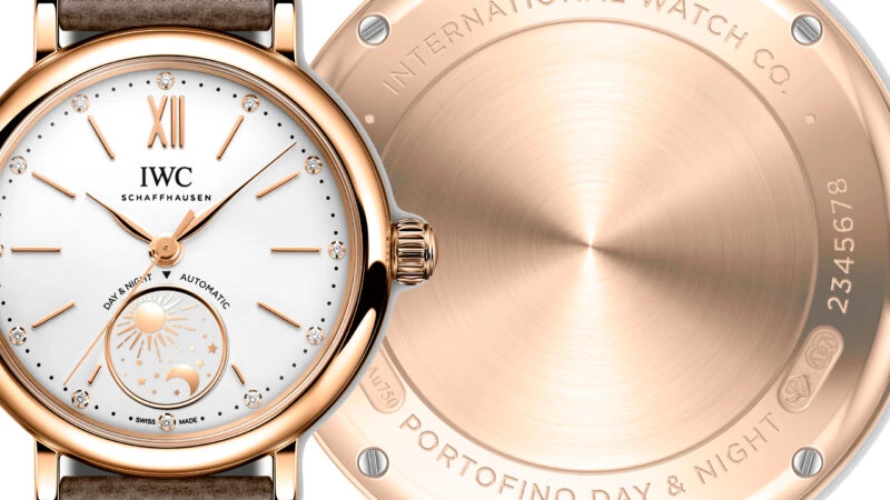 Detalle del reloj IWC Portofino Automatic Day And Night 34 con complicación solar y caja de oro rosa de 34 mm