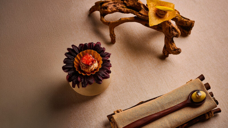 Primer snack del menú Tierra servido sobre flor seca y cuchara de aperitivo del restaurante Frases de Murcia