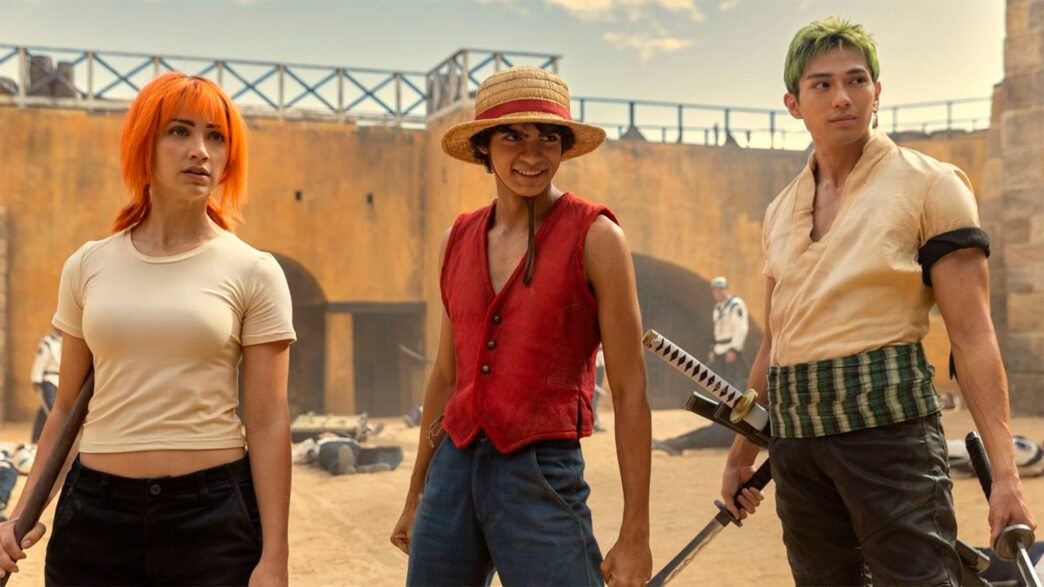 Nami, Luffy y Zoro en una escena de acción de la temporada 2 de One Piece en Netflix.