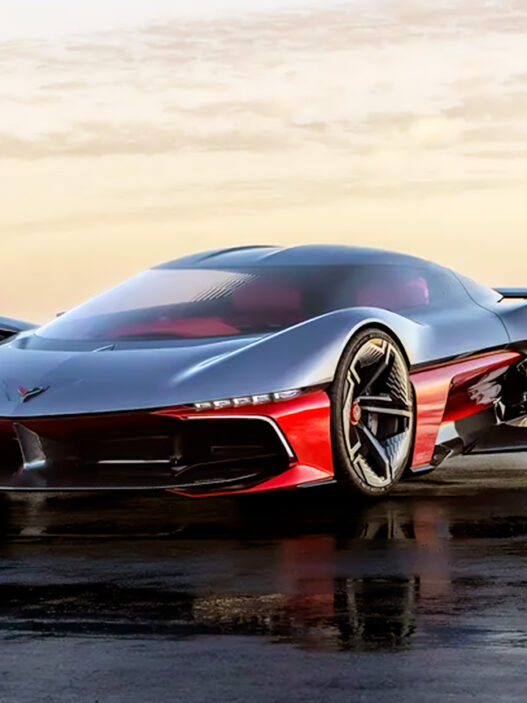 Vista frontal del Chevrolet California Corvette Concept sobre un suelo mojado al atardecer