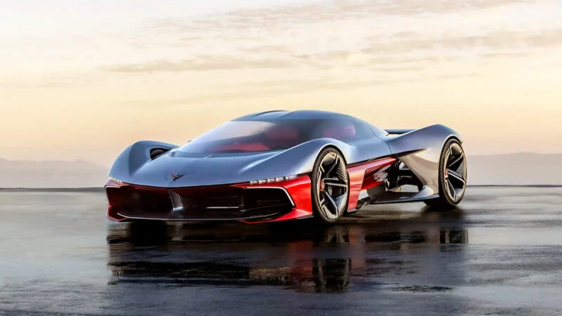Vista frontal del Chevrolet California Corvette Concept sobre un suelo mojado al atardecer