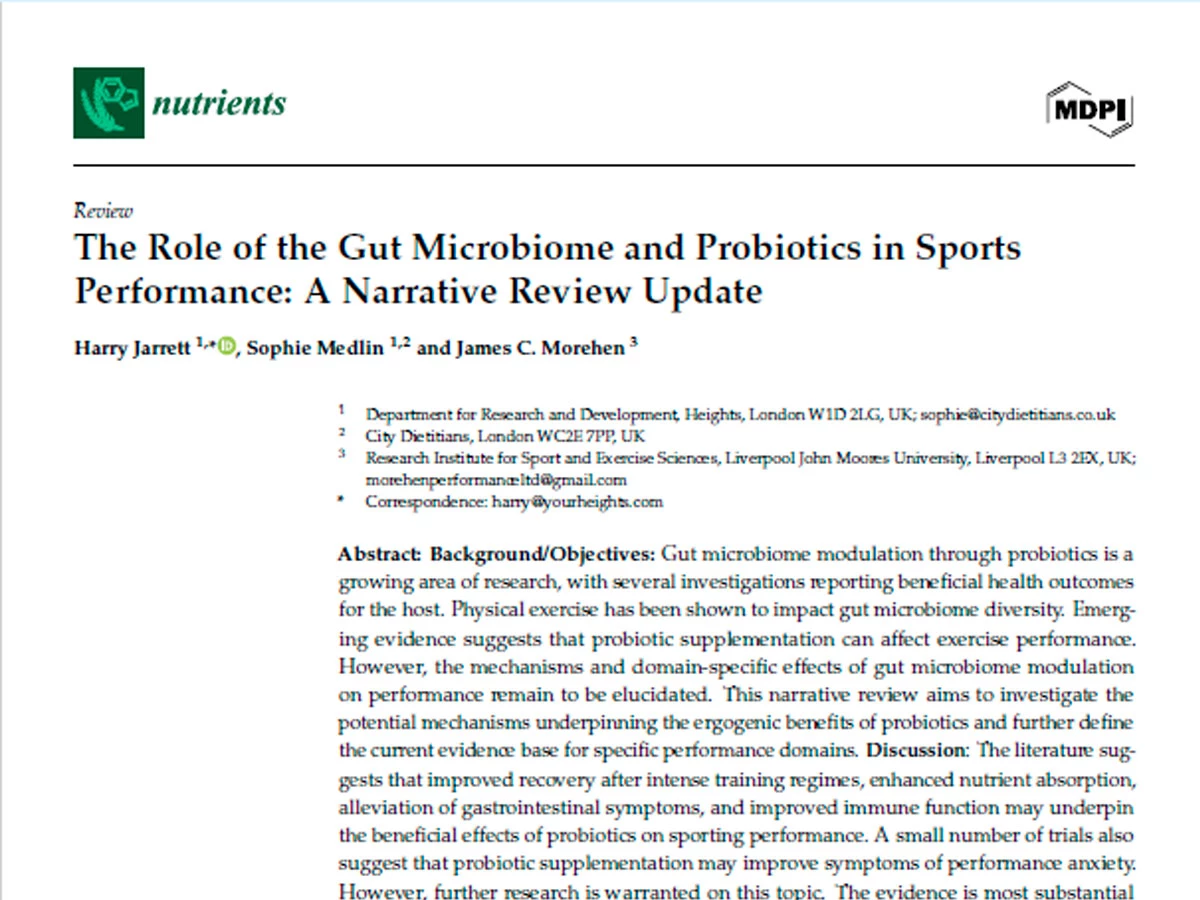 Portada del estudio científico de la revista Nutrients sobre el papel de la microbiota intestinal y los probióticos en el rendimiento deportivo.