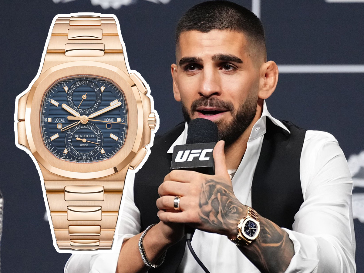 Ilia Topuria durante una rueda de prensa con un reloj Patek Philippe Nautilus 5990/1R