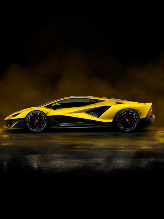 Vista lateral del Lamborghini Fenomeno híbrido V12 en color amarillo