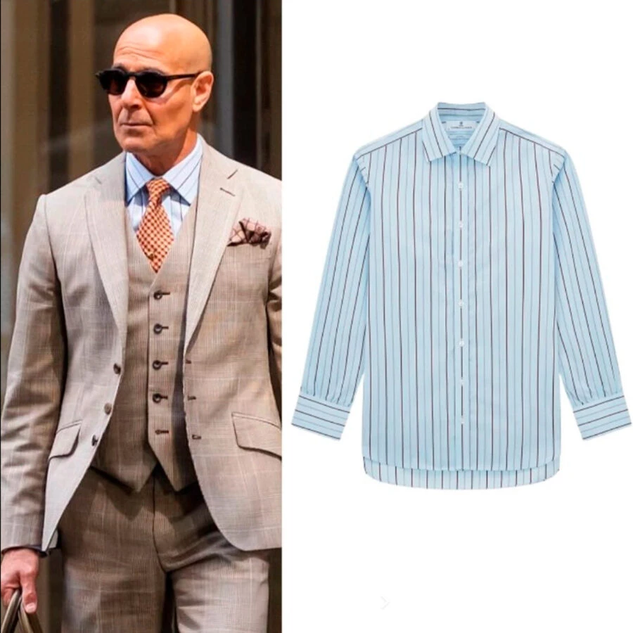Stanley Tucci como Nigel en El Diablo Viste de Prada 2 con camisa de rayas Turnbull & Asser