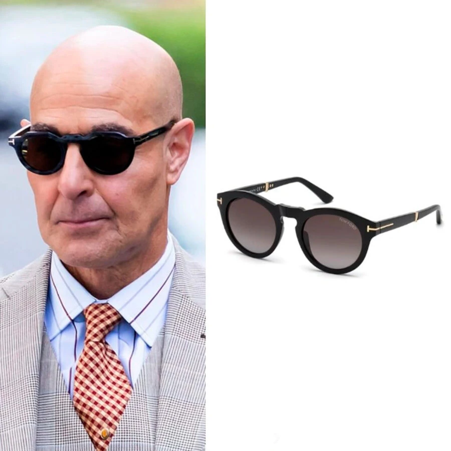 Stanley Tucci lleva gafas de sol redondas negras Tom Ford modelo FT0595 en el rodaje de El Diablo Viste de Prada 2