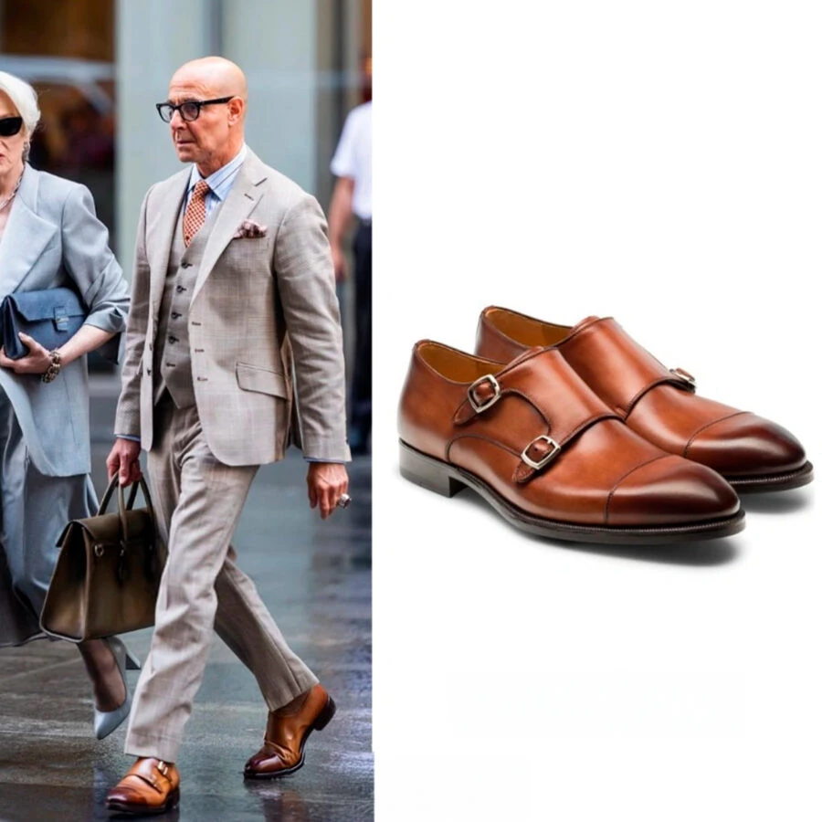 Stanley Tucci camina por Nueva York con zapatos Magnanni de doble hebilla en el rodaje de la secuela de El Diablo Viste de Prada