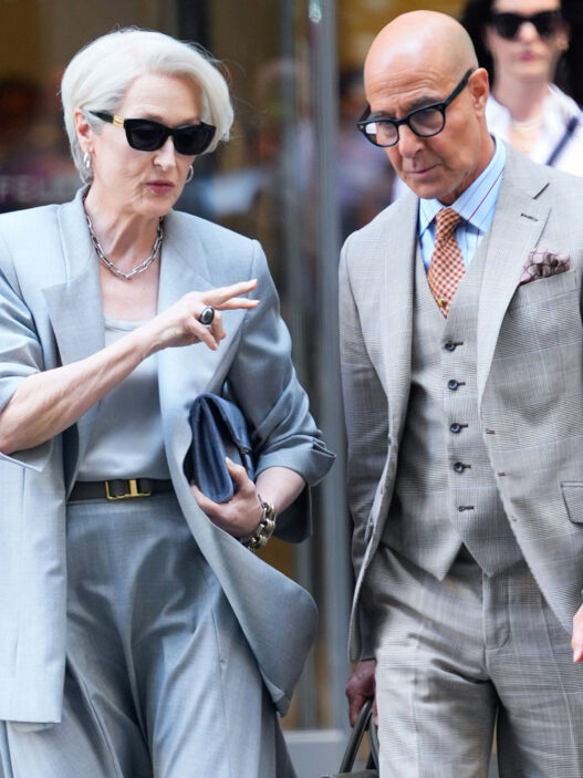 Stanley Tucci y Meryl Streep como Nigel y Miranda Priestly en el rodaje de El Diablo Viste de Prada 2 en Nueva York