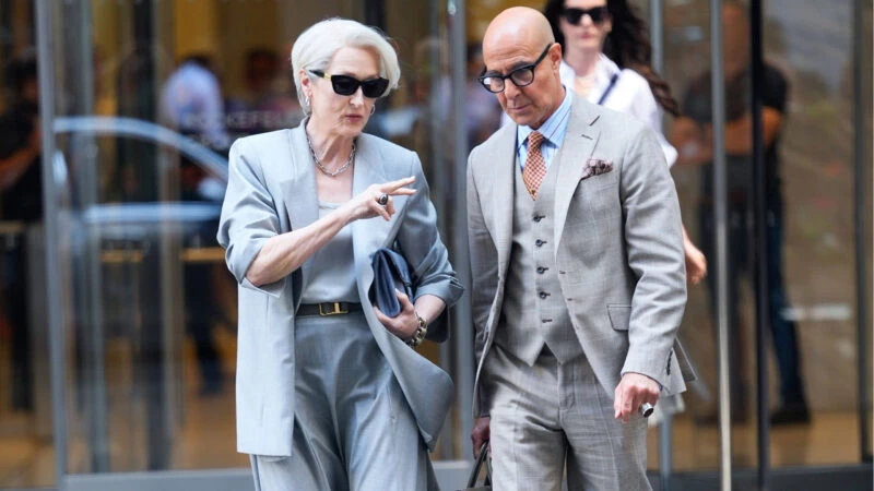 Stanley Tucci y Meryl Streep como Nigel y Miranda Priestly en el rodaje de El Diablo Viste de Prada 2 en Nueva York
