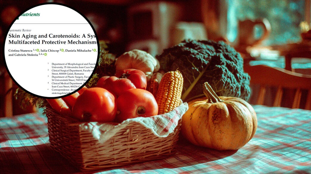 Cesta de alimentos ricos en carotenoides junto a detalle del estudio de la revista Nutrients