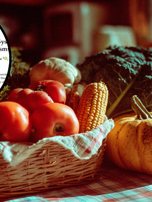 Cesta de alimentos ricos en carotenoides junto a detalle del estudio de la revista Nutrients