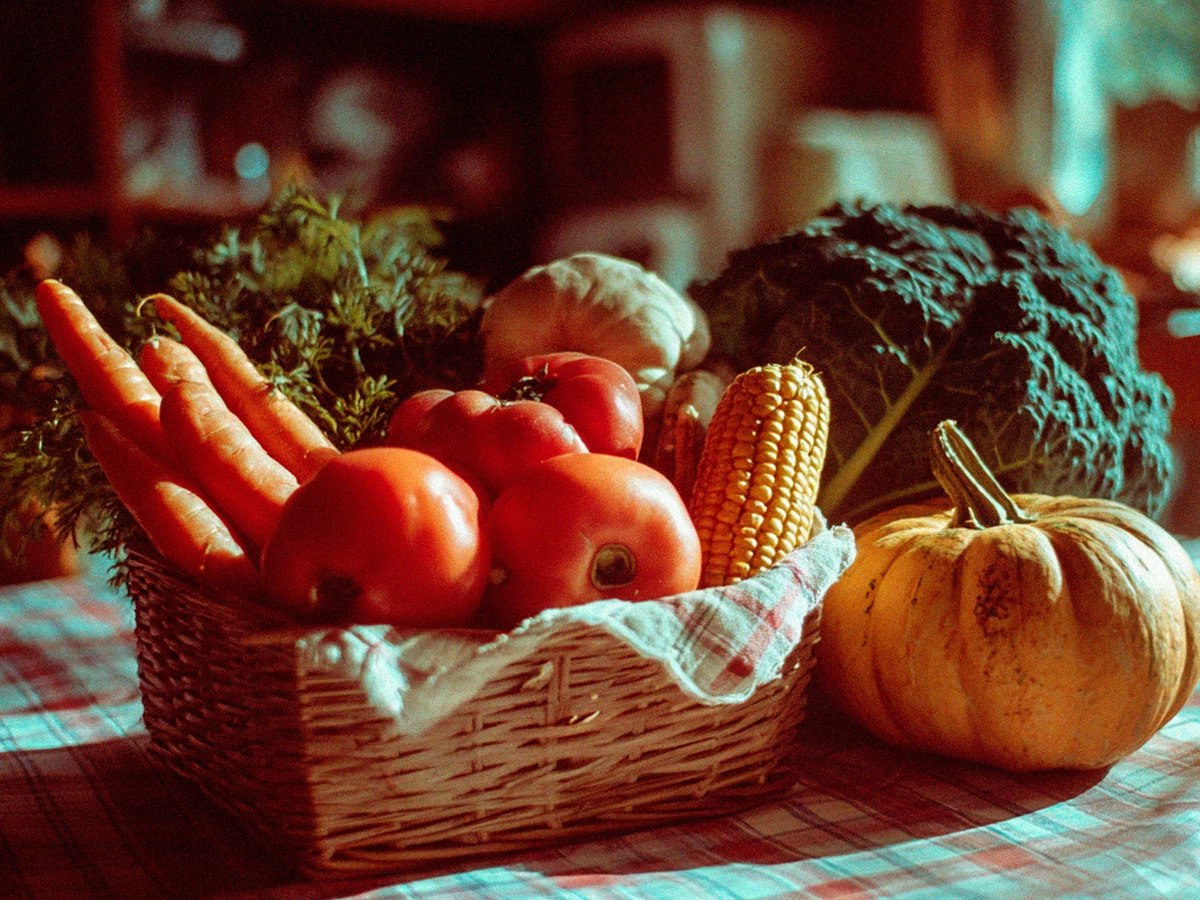 Cesta con zanahorias, tomates, maíz, calabaza y col rizada, alimentos ricos en carotenoides