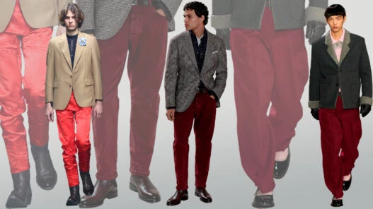 Outfits de hombre con pantalones rojos en las pasarelas de Prada, Kenzo y Brunello Cucinelli otoño 2025