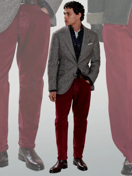 Outfits de hombre con pantalones rojos en las pasarelas de Prada, Kenzo y Brunello Cucinelli otoño 2025
