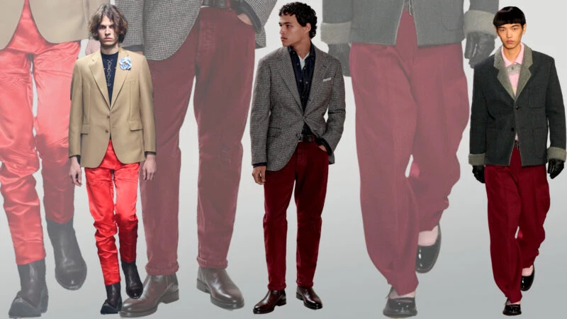 Outfits de hombre con pantalones rojos en las pasarelas de Prada, Kenzo y Brunello Cucinelli otoño 2025