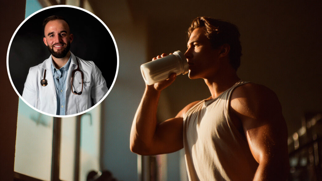 Hombre joven musculado bebiendo creatina, con recuadro del Dr Antelm Pujol
