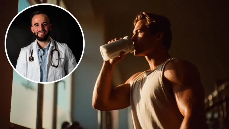 Hombre joven musculado bebiendo creatina, con recuadro del Dr Antelm Pujol