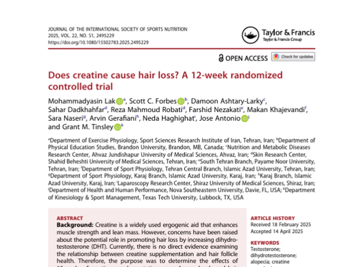 Portada del estudio científico “Does creatine cause hair loss? A 12-week randomized controlled trial”