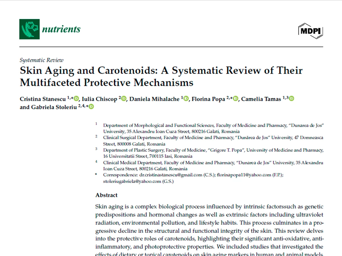 Portada del estudio “Skin Aging and Carotenoids” publicado en la revista Nutrients