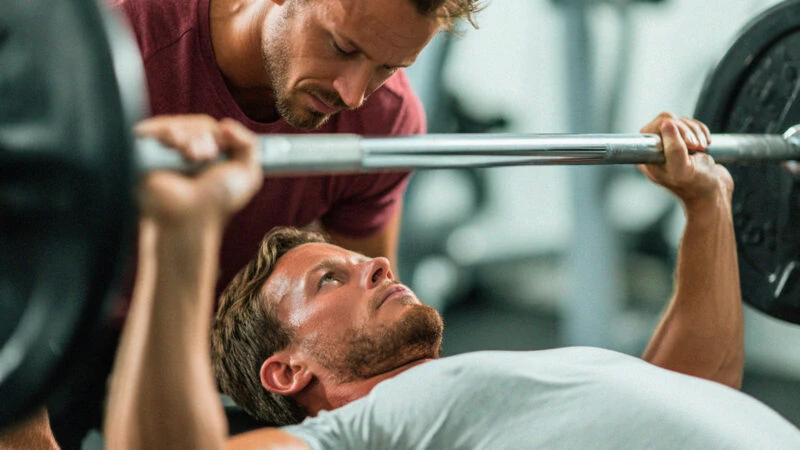 hombre entrenando press de banca al fallo muscular
