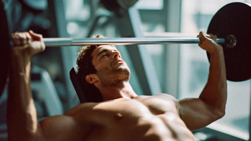 Hombre realizando press de banca inclinado en gimnasio; plan de 8 semanas con cardio y fuerza para ganar músculo y reducir grasa