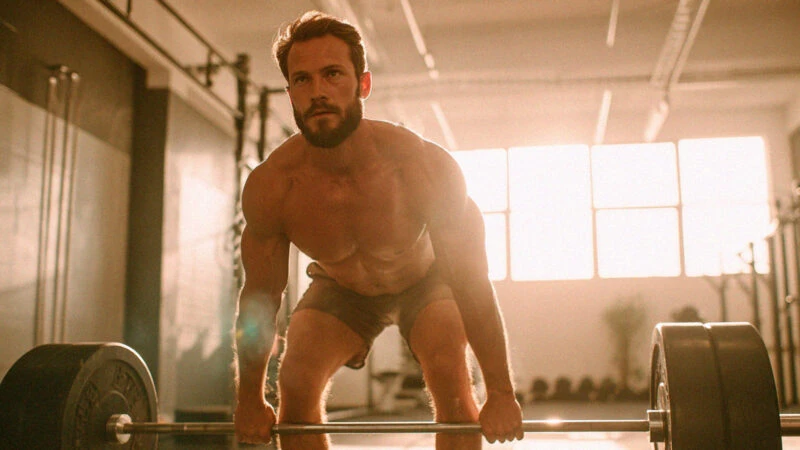 Hombre de 30 años atractivo levantando peso muerto en un gimnasio iluminado con luz natural