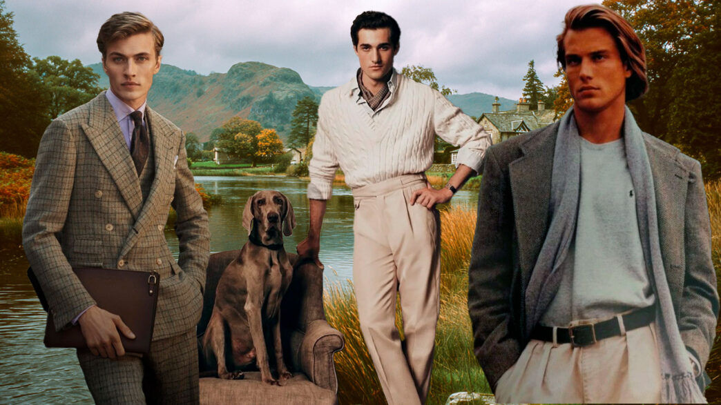 Tres looks Old Money para hombre con traje de tweed, jersey marinero y maxi abrigo, inspiración otoño 2025.