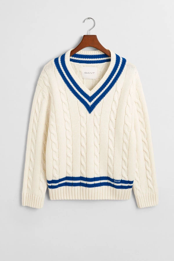 jersey de cuello de pico y nudos marineros blanco de la marca Gant