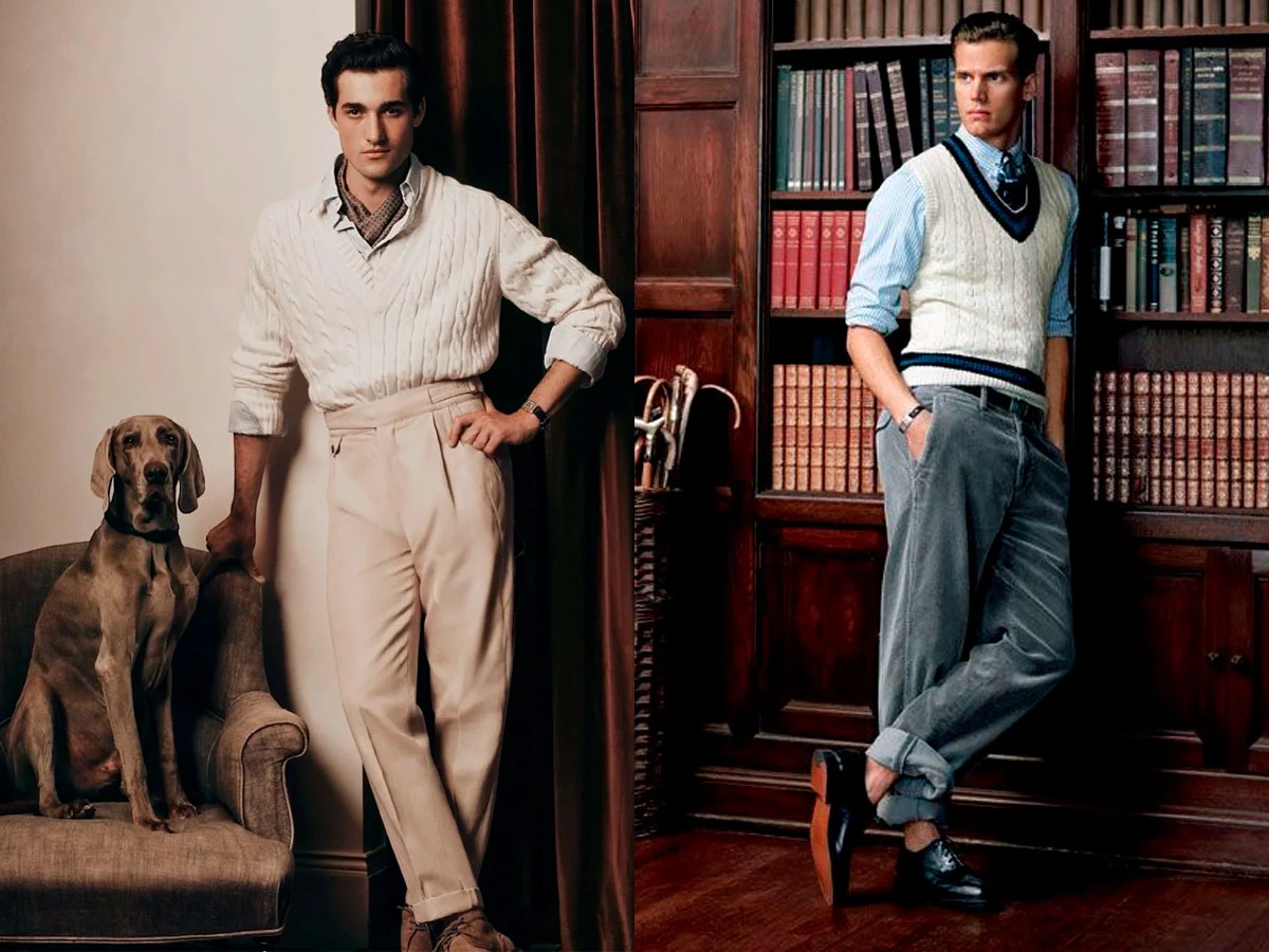 Hombres con jersey de nudos marineros y chaleco college combinados con camisa y pantalones de tiro alto.