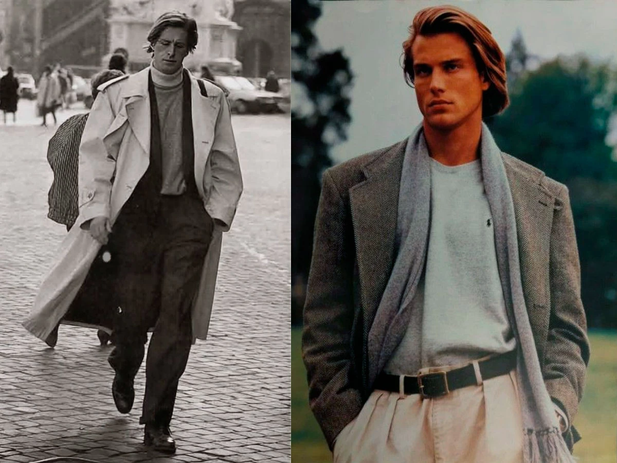 Hombre con gabardina clásica y hombre con blazer y bufanda, looks Old Money otoño 2025.