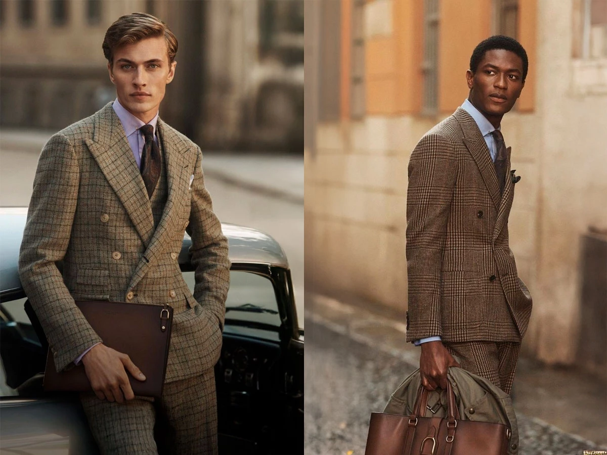 Hombres con traje de tweed marrón y portafolios de piel, estilo Old Money.
