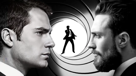 Enfrentamiento entre dos posibles actores para interpretar al nuevo James Bond sobre fondo del icónico cañón 007.