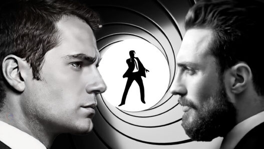 Enfrentamiento entre dos posibles actores para interpretar al nuevo James Bond sobre fondo del icónico cañón 007.