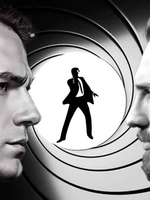 Enfrentamiento entre dos posibles actores para interpretar al nuevo James Bond sobre fondo del icónico cañón 007.