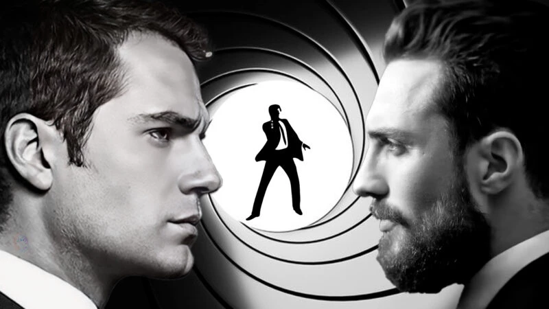 Enfrentamiento entre dos posibles actores para interpretar al nuevo James Bond sobre fondo del icónico cañón 007.