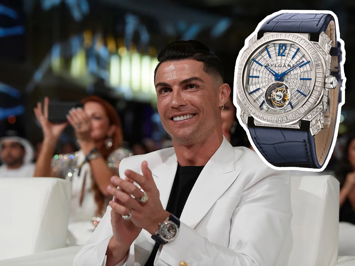 Bulgari Octo L’Originale Tourbillon Baguette con 451 diamantes baguette y correa azul en una gala