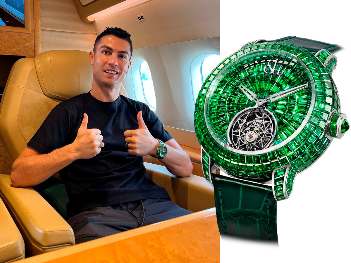 Cristiano Ronaldo en su avión privado con el reloj Jacob & Co. Caviar Tourbillon "Tsavorites"