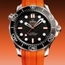 Reloj OMEGA Seamaster Diver 300M con correa de caucho naranja y esfera negra con detalles en naranja.