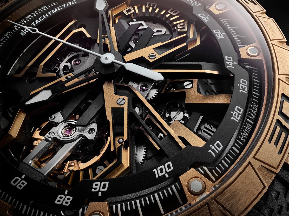 Detalle de la esfera esqueletizada del reloj Roger Dubuis Excalibur Spider Flyback Chronograph.