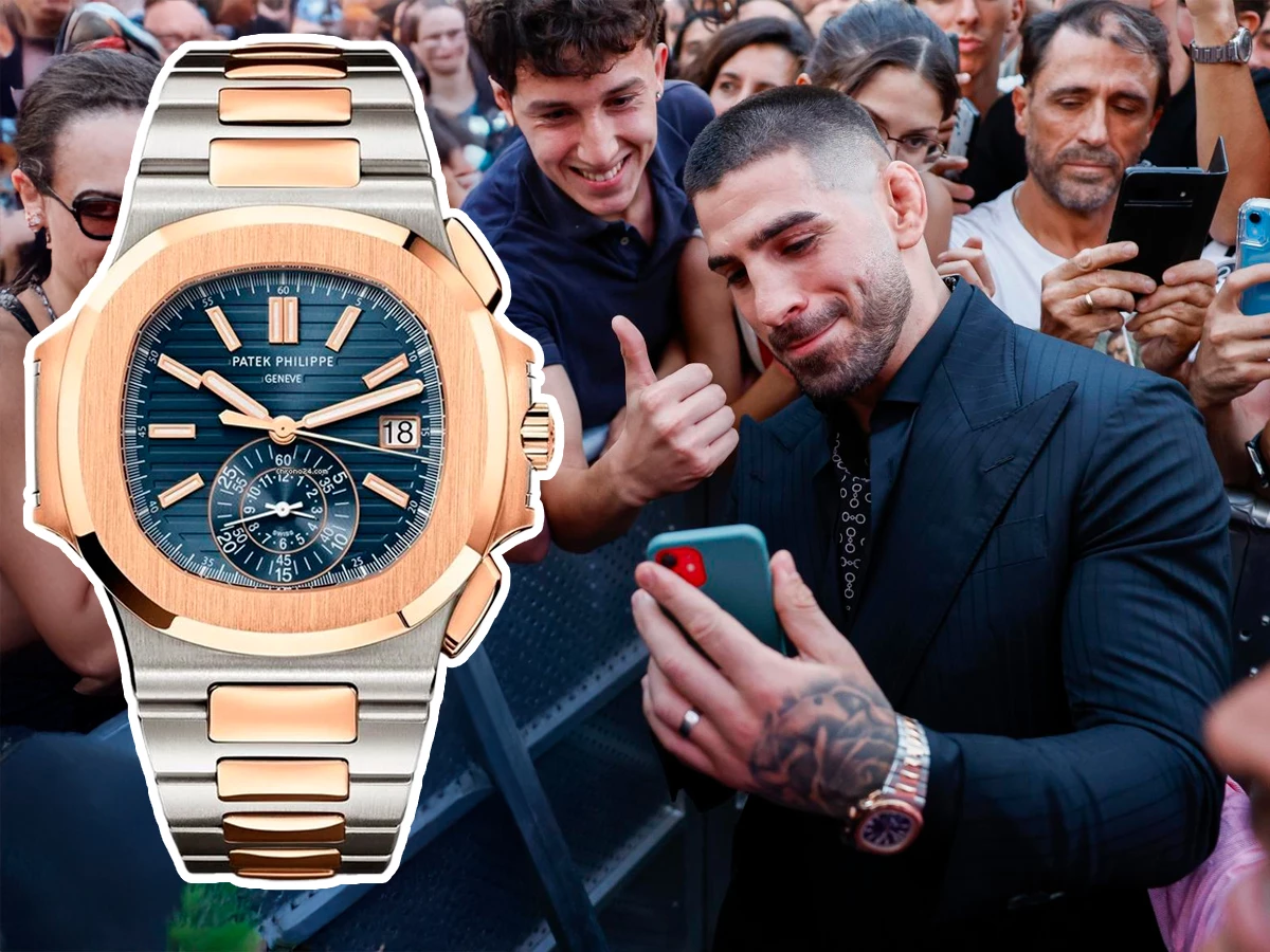Ilia Topuria se hace una foto con un fan vistiendo un Patek Philippe Nautilus 5980/1AR-001 en su muñeca