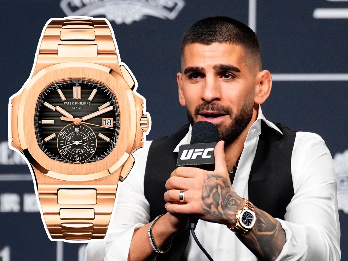 Ilia Topuria durante una rueda de prensa con un reloj Patek Philippe Nautilus 5980/1R-001