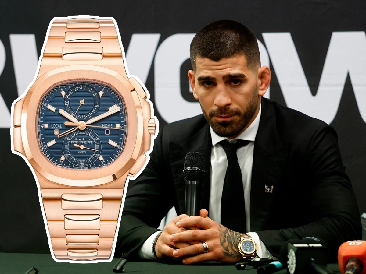 Ilia Topuria durante una rueda de prensa con un reloj Patek Philippe Nautilus 5990/1R