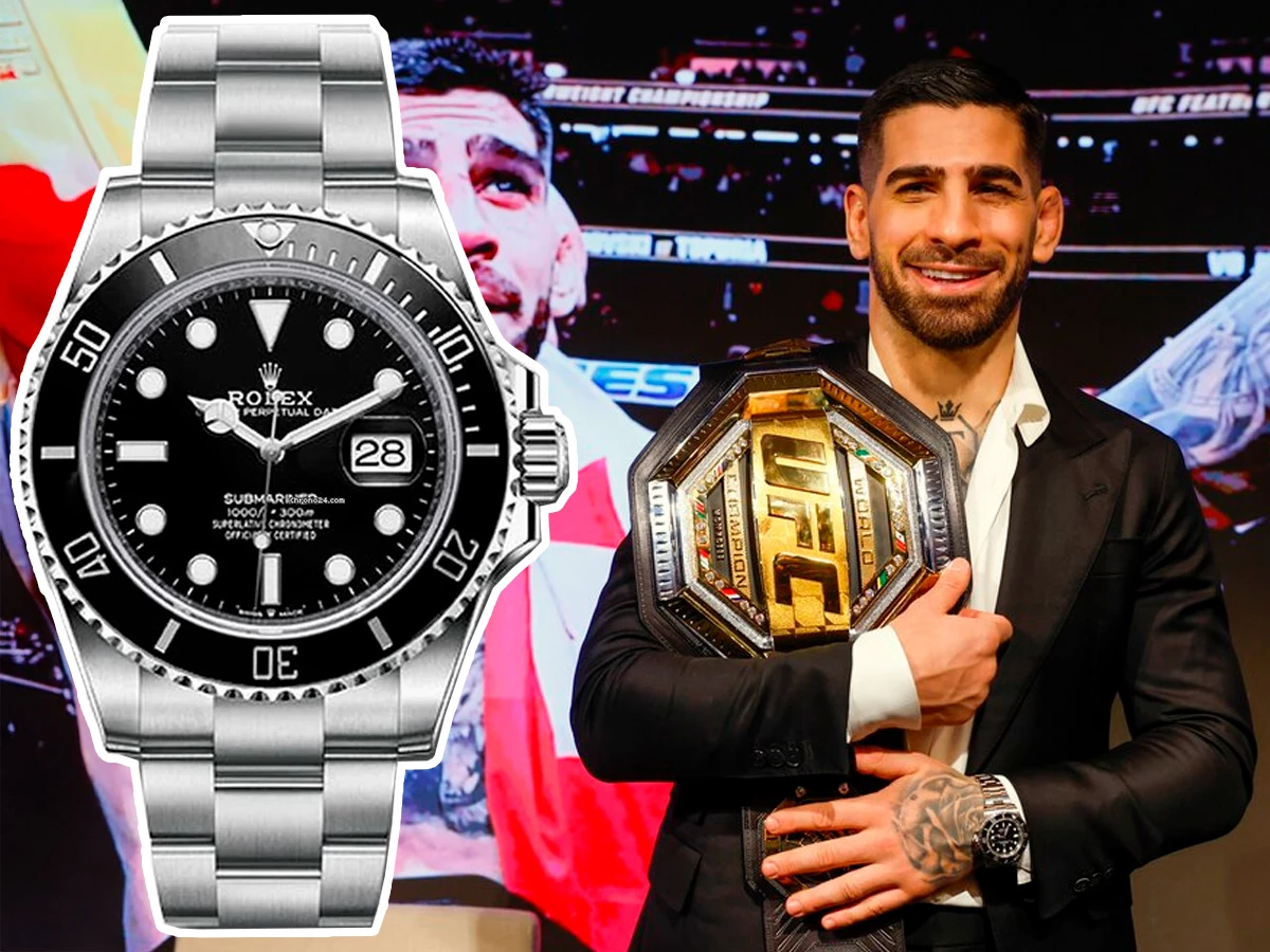 Ilia Topuria abraza su conturón de campeón con un Rolex Submariner Date 126610LN en la muñeca